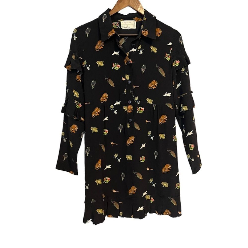 Artelier Nicole Miller Black Long Sleeve Animal Printed Dress